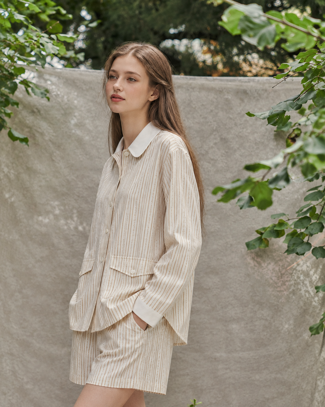 Ribbonhour White-Collar Striped Cotton-Blend Pajama Shorts Set – cream beige lifestyle view - Roomden