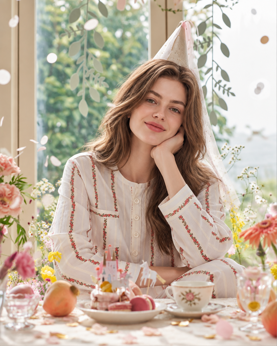 Roseledger cream rose-stripe long pajama set, flower-room birthday scene - Roomden
