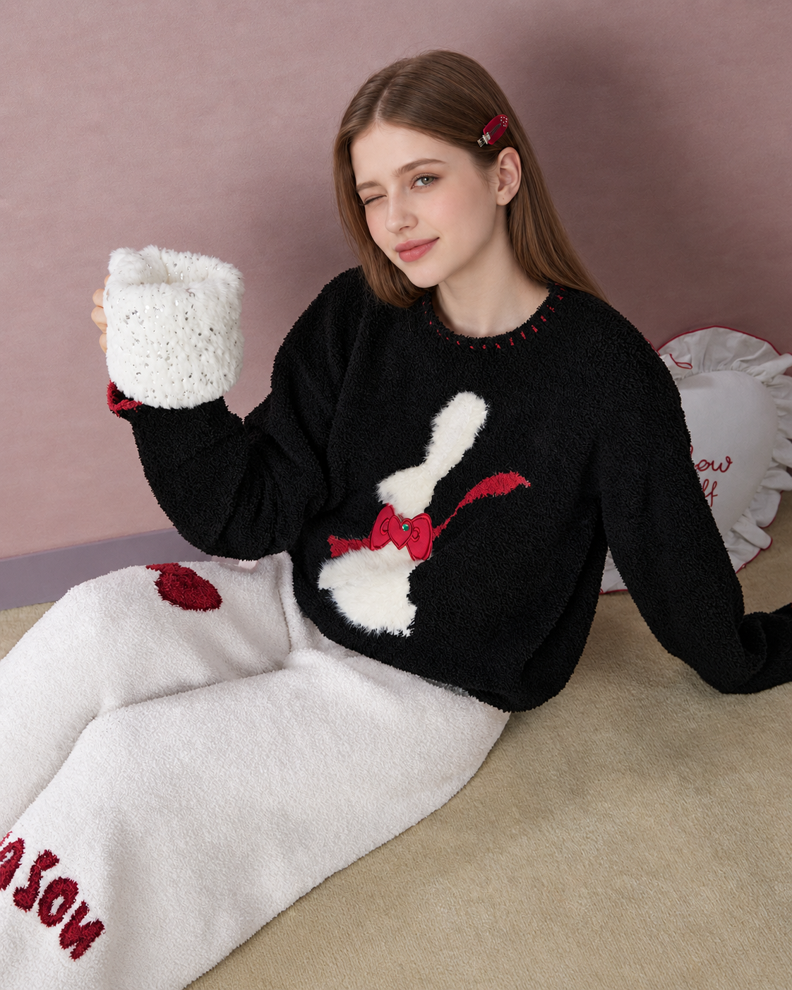 Rabbit & Bow Fleece Pajama Set – seated view holding a white mug - Roomden