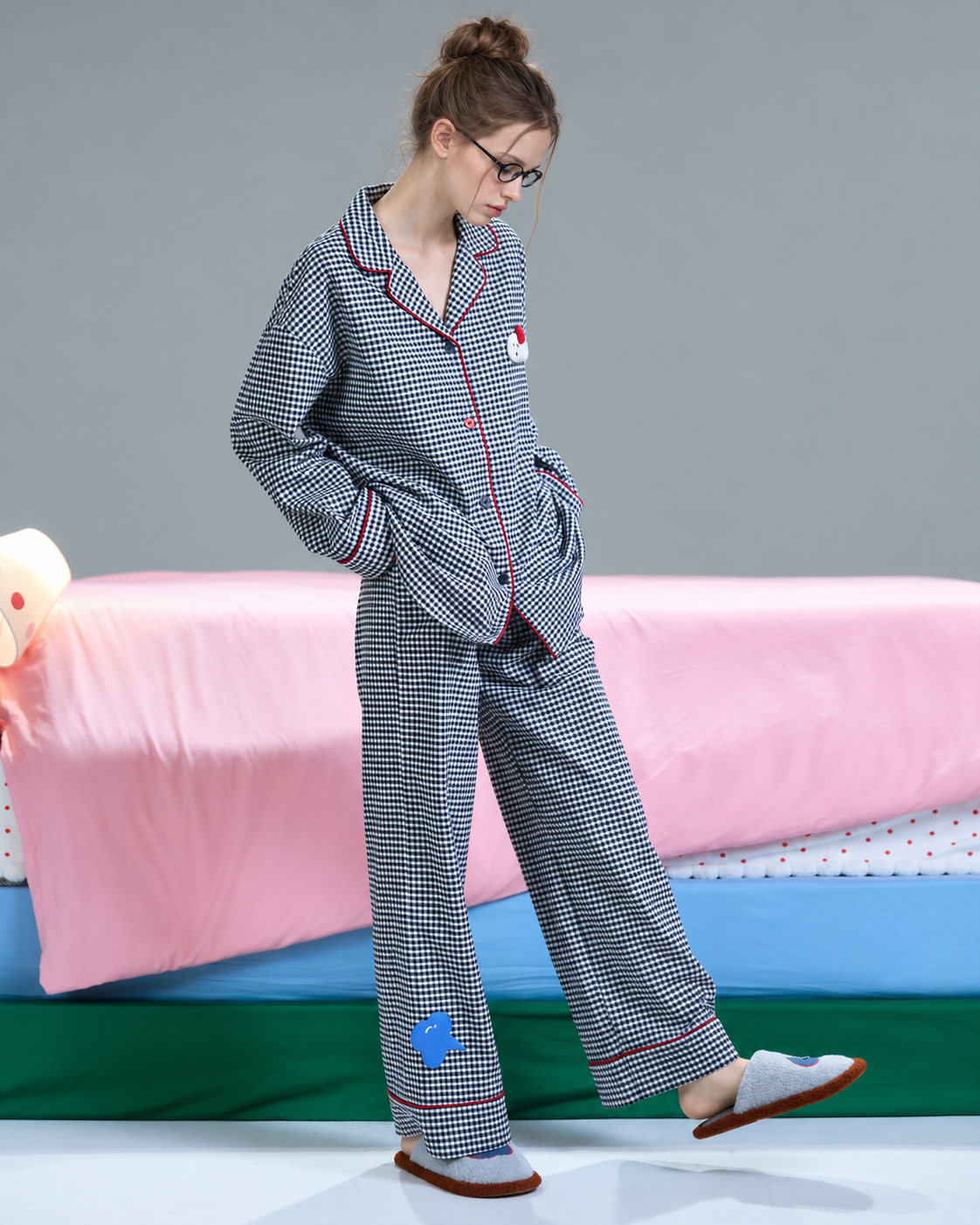 Gingham Cotton Pajama Set – black-and-white checks, three-quarter standing view - Roomden