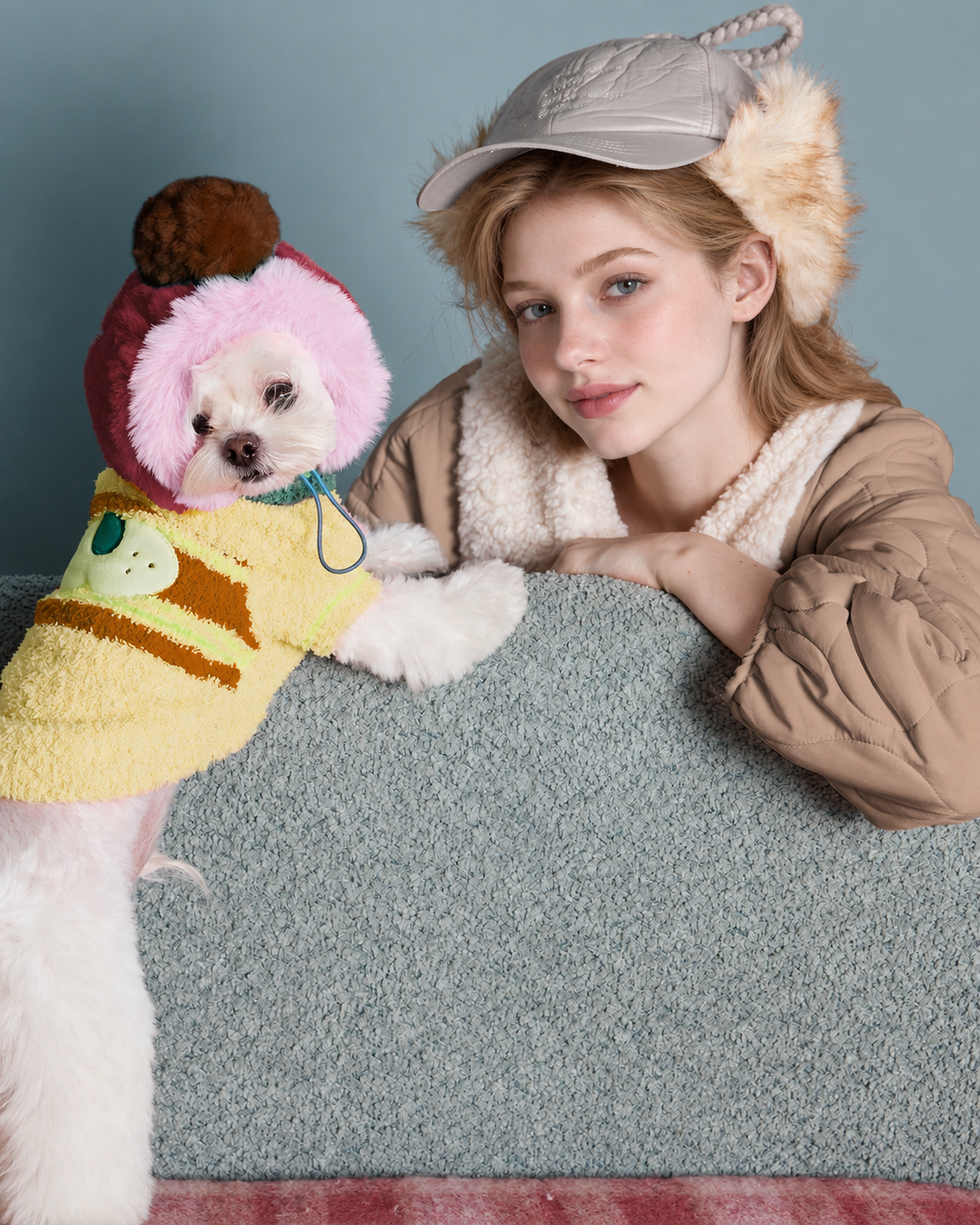 Cat Embroidery Quilted Pajama Set – khaki collar and sleeve while leaning beside a dog - Roomden