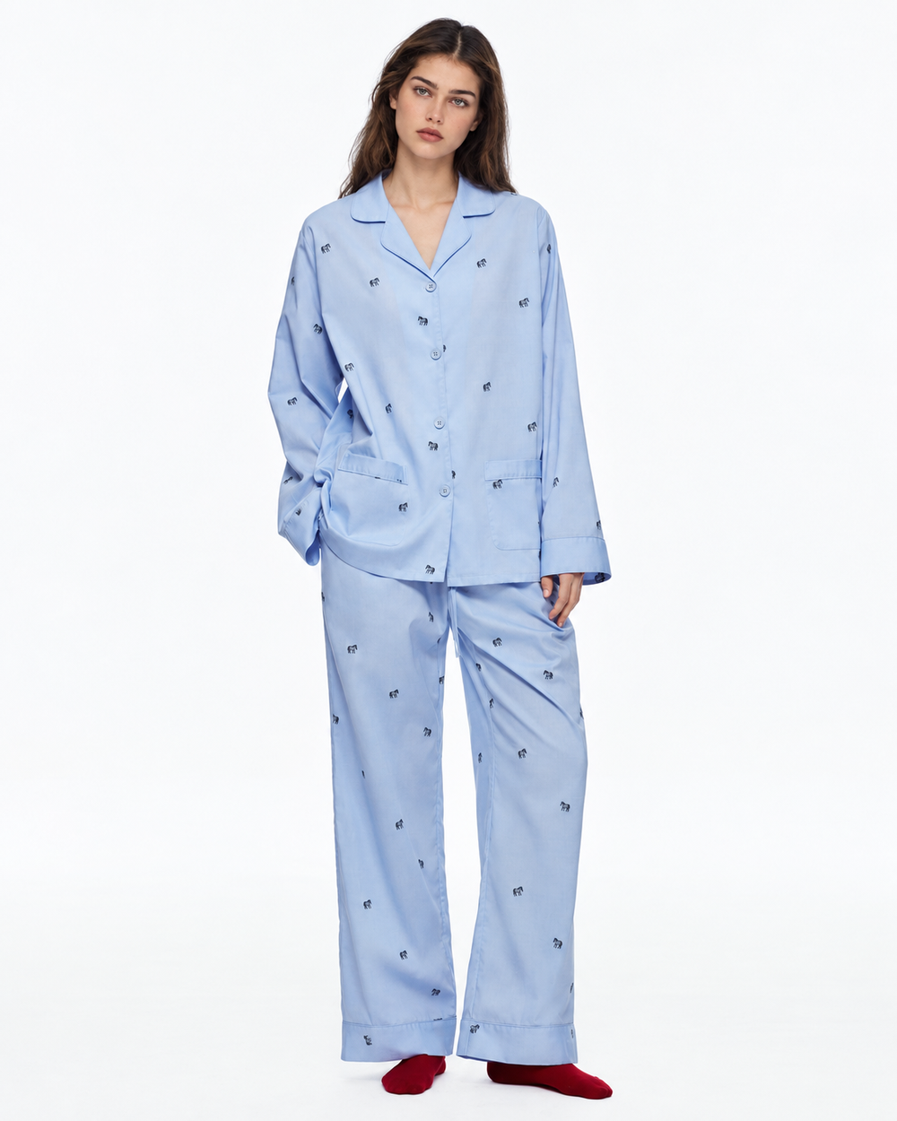 Animal-embroidered cotton pajama set in Sky Blue, front studio view - Roomden