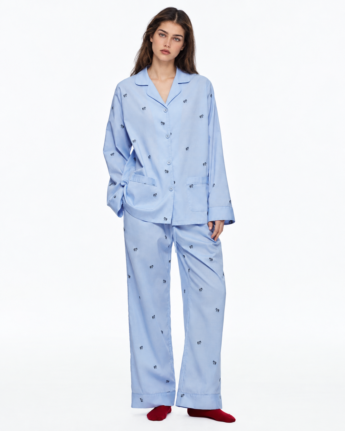 Animal-embroidered cotton pajama set in Sky Blue, front studio view - Roomden