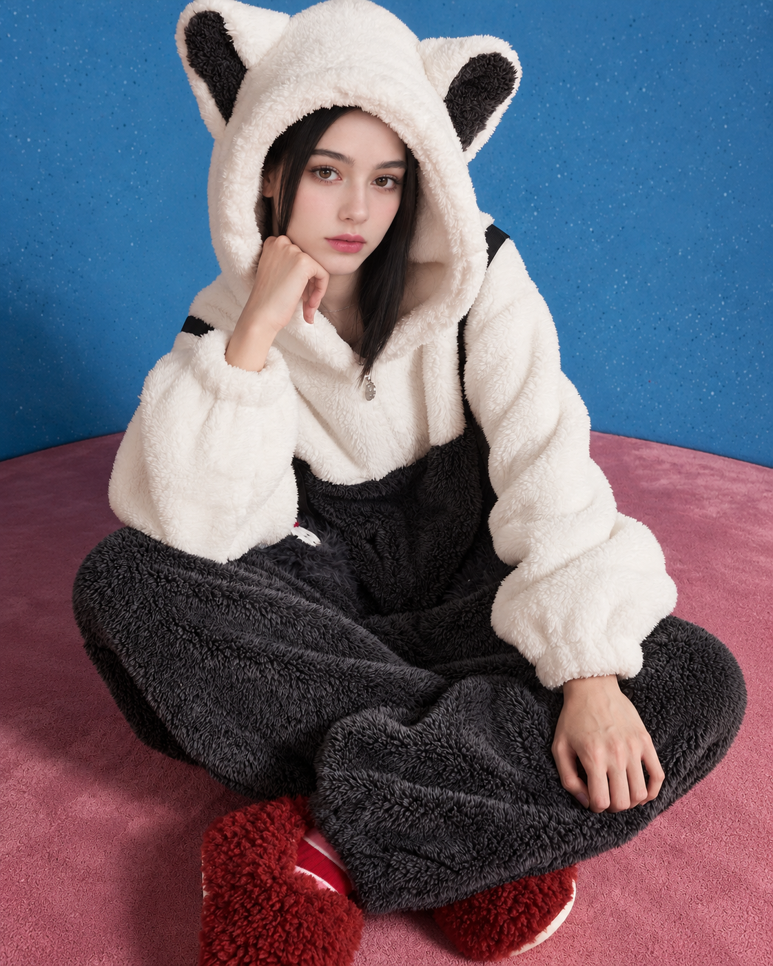 Cross-legged view of cat-ear fleece one-piece pajamas