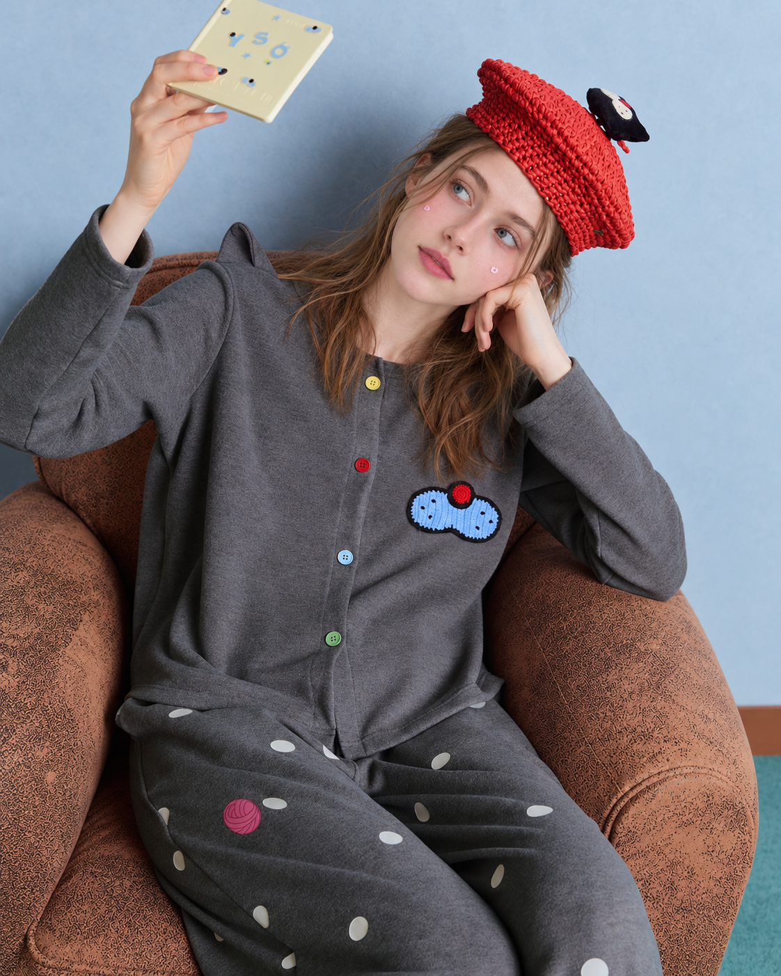 Cat-Ear Polka Dot Pajama Set – charcoal gray reclined seated view - Roomden