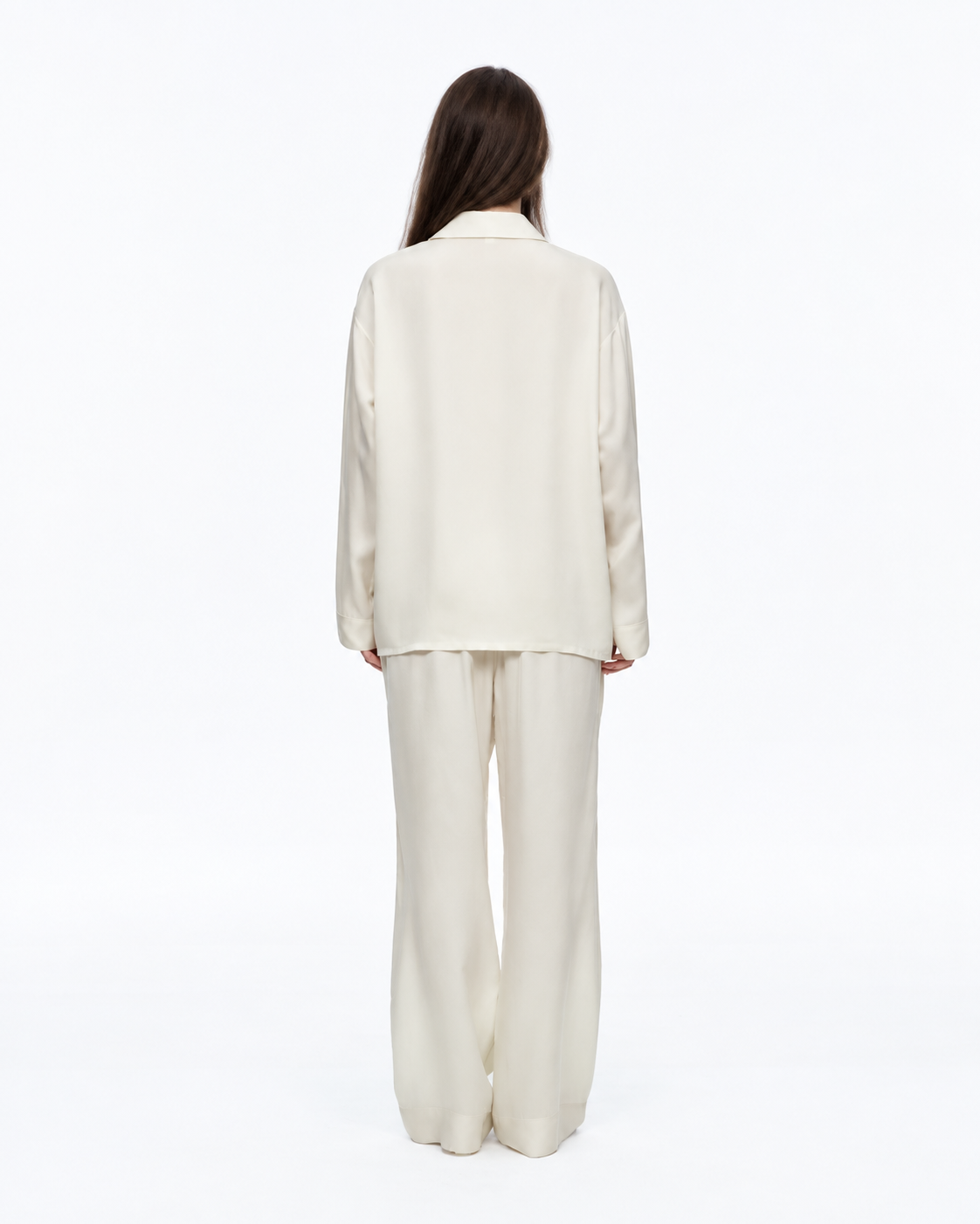 Inkshore botanical-pocket viscose pajama set in Milky White, back studio view - Roomden