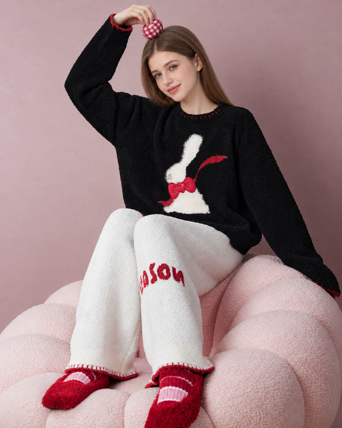 Rabbit & Bow Fleece Pajama Set – seated crossed-leg view with a gingham ball - Roomden