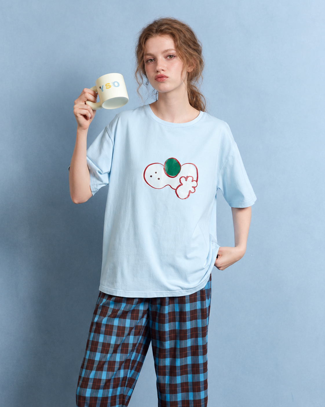 Cat print cotton pajama set – Sky Blue front view showing cat print - Roomden