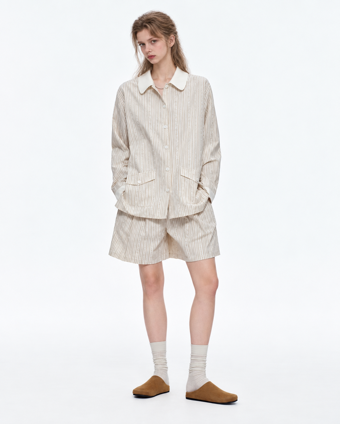 Ribbonhour White-Collar Striped Cotton-Blend Pajama Shorts Set – cream beige on-model view - Roomden