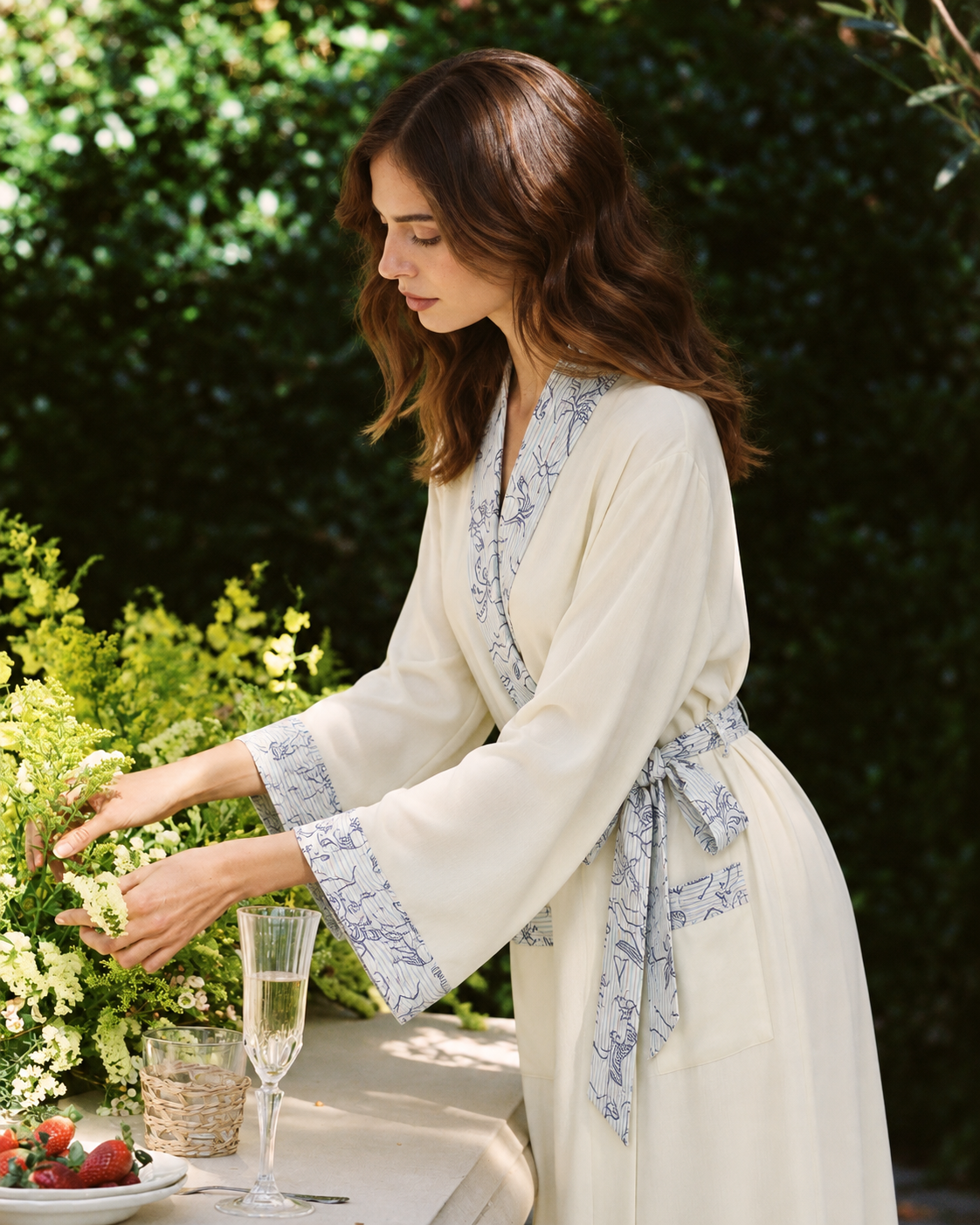 Apricot-cream Inkshore robe with blue botanical trim — garden view 3