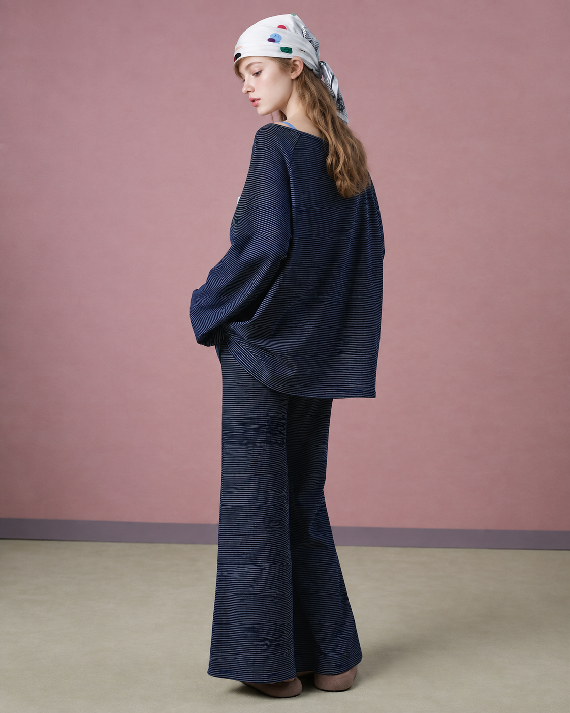 Striped Cat Embroidery Pajama Set – navy full-length back view - Roomden