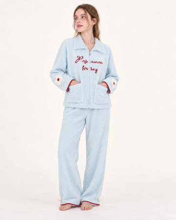 Contrast Lettering Plush Zip-Up Pajama Set