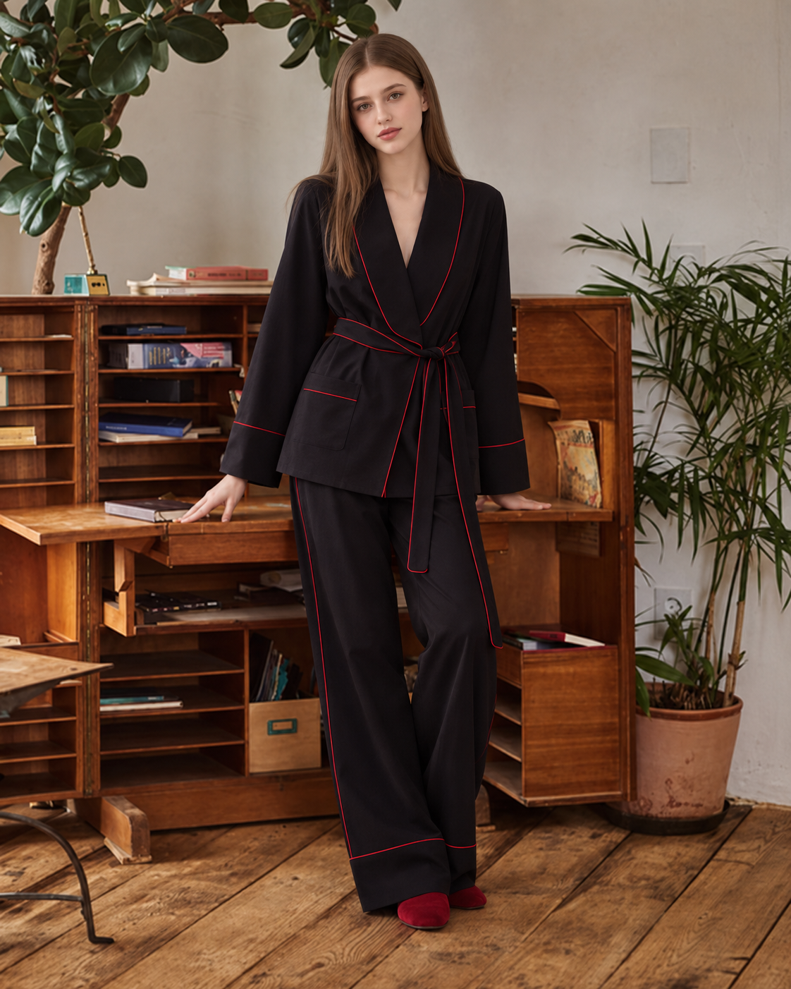 Linehaven wrap pajama set – Classic Black, standing beside a wooden desk - Roomden