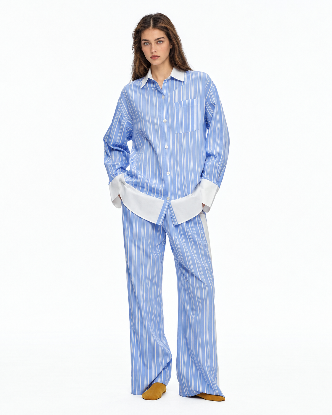 Ribbonhour Contrast-Trim Striped Viscose-Blend Pajama Set – blue outfit view - Roomden