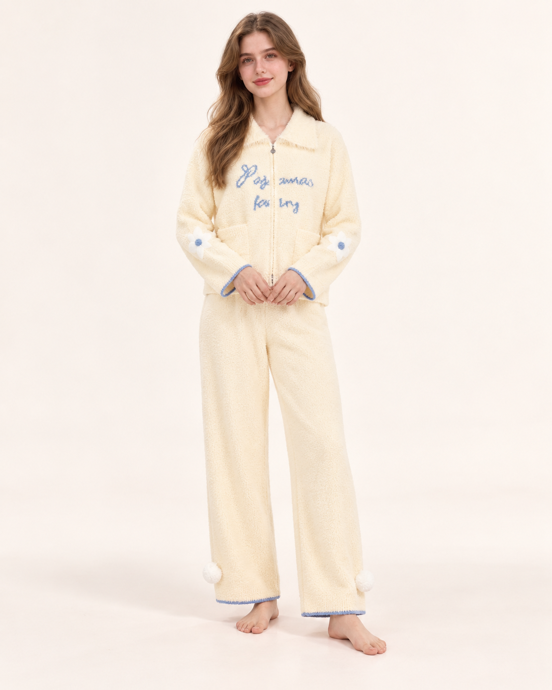 Contrast Lettering Plush Zip-Up Pajama Set – Butter yellow full-length set with hands together - Roomden