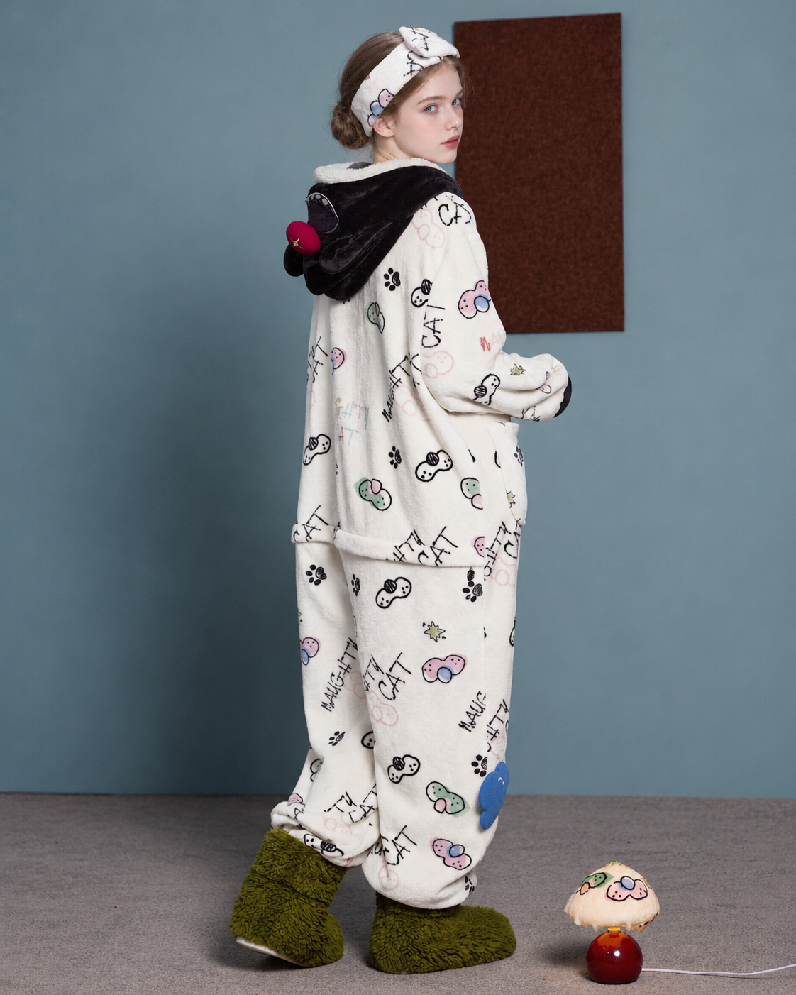 Doodlewhisk Cat-Doodle Hooded One-Piece Pajamas – rear three-quarter view and cat-shaped hood - Roomden