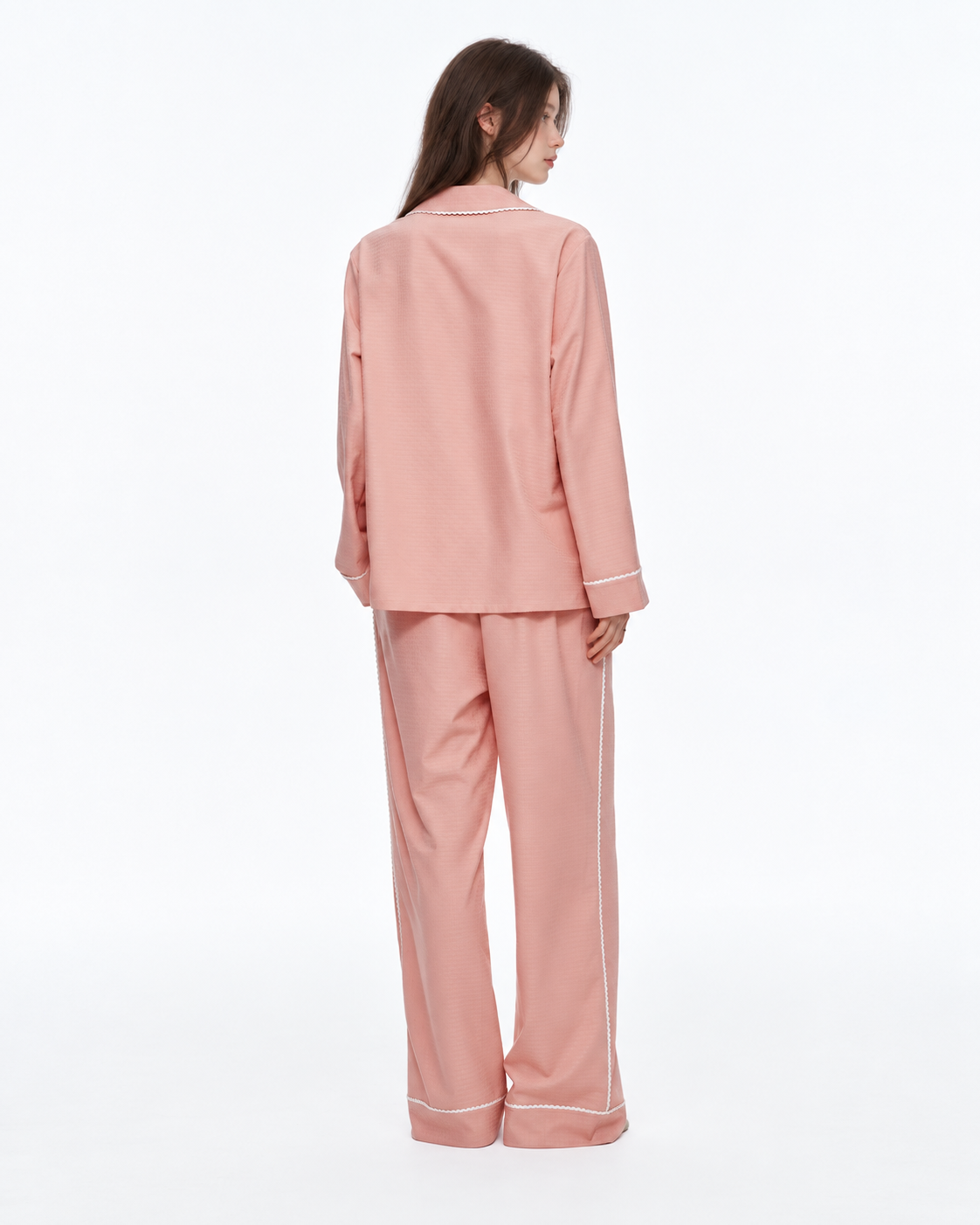 Picot-Trim Textured Long-Sleeve Pajama Set – pink on-model view - Roomden