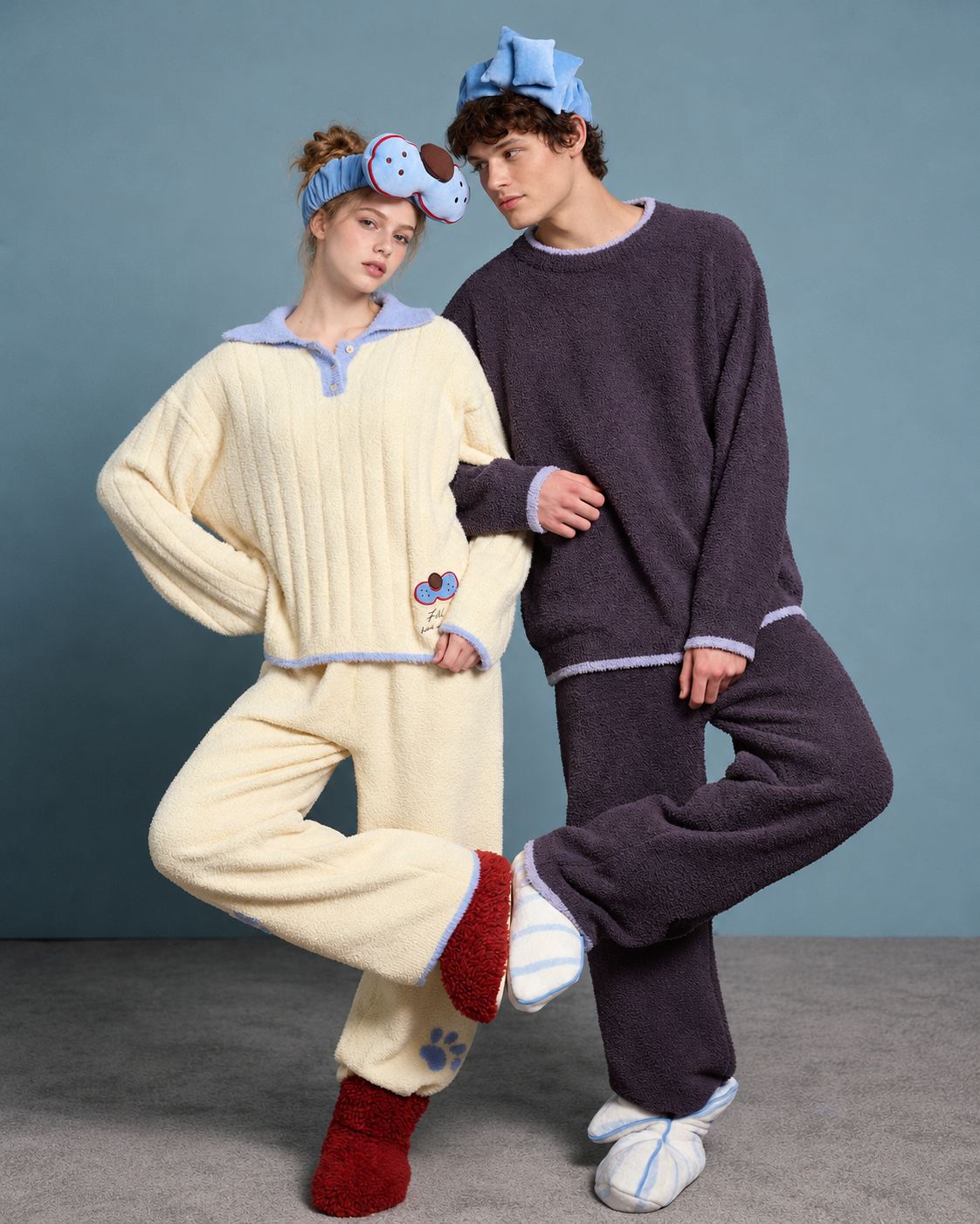 Plush Paw Print Pajama Set – cream yellow and blue linked-arm standing scene with a male companion - Roomden