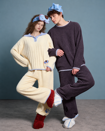 Paw Print Contrast-Collar Plush Pajama Set