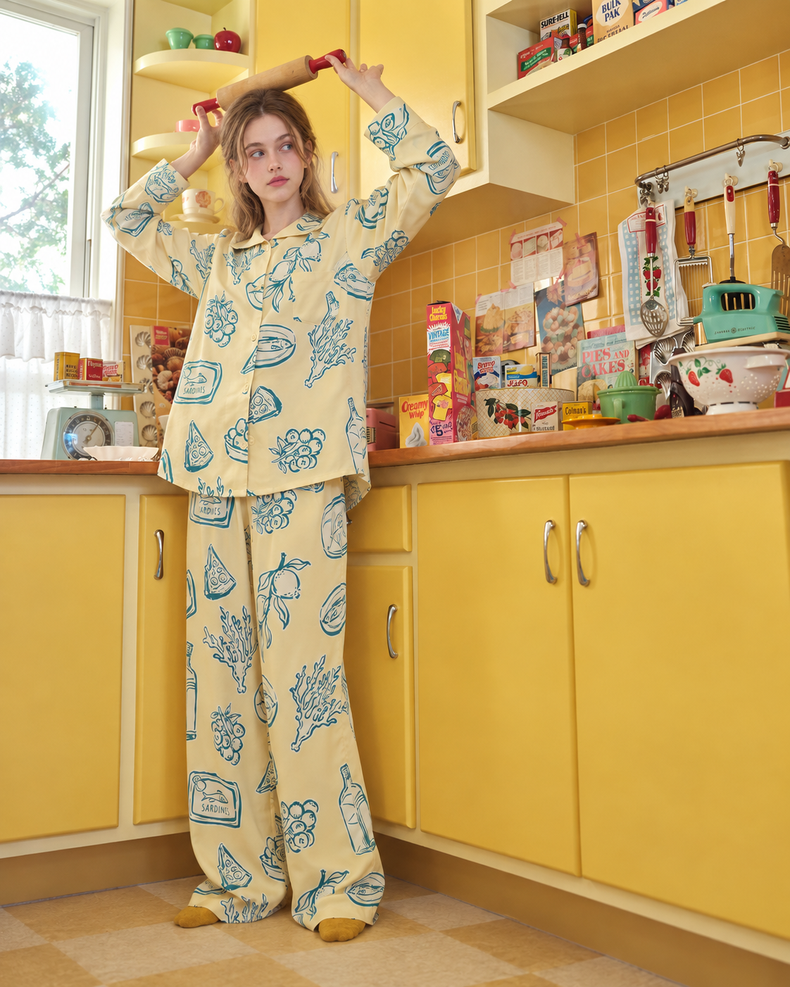 Food Sketch Viscose-Rayon Pajama Set – holding a rolling pin in the kitchen - Roomden