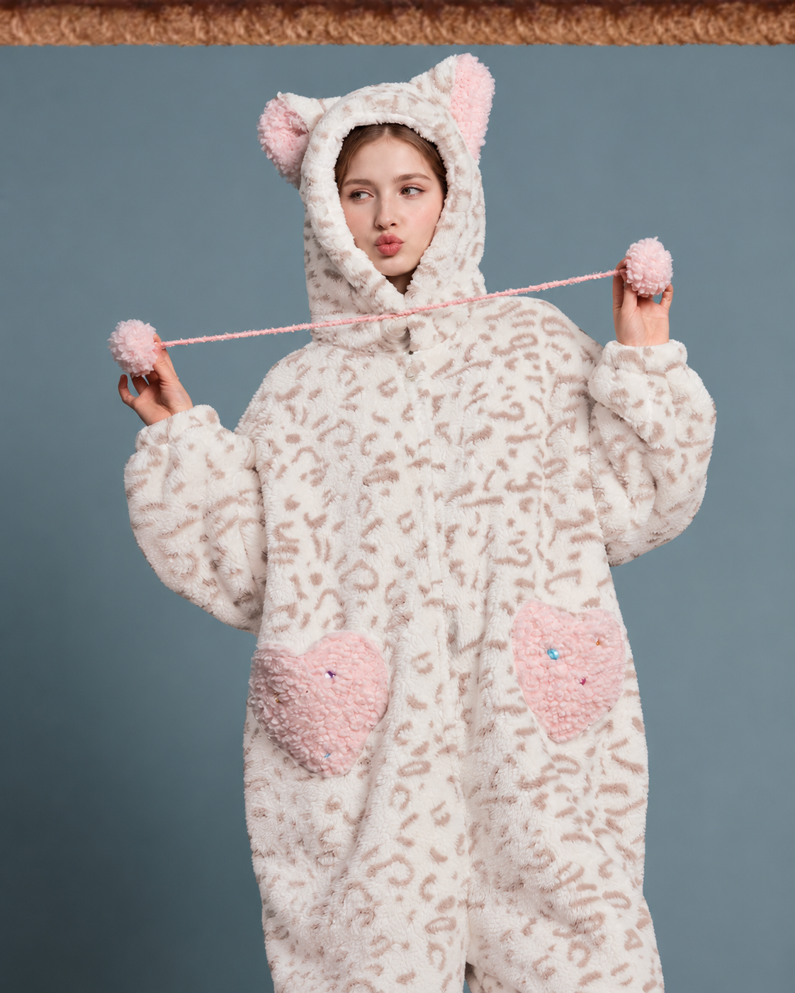 Cat-Ear Leopard Fleece One-Piece Pajamas – cream and pink hood drawstrings and pink cat pockets - Roomden