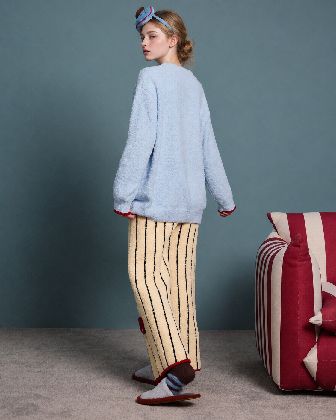 Cat Motif Plush Pajama Set – rear view of the plain ice-blue top and striped pants - Roomden