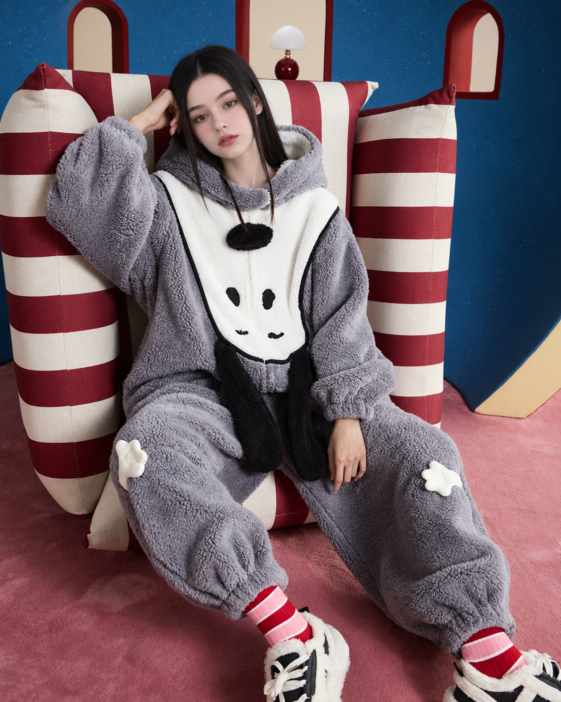 Dog-Face Hooded Fleece One-Piece Pajamas – gray seated view with paw patches - Roomden