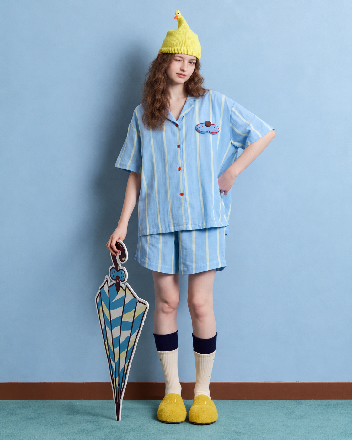 Blue Striped Cotton Short Pajama Set – front standing view with umbrella prop - Roomden