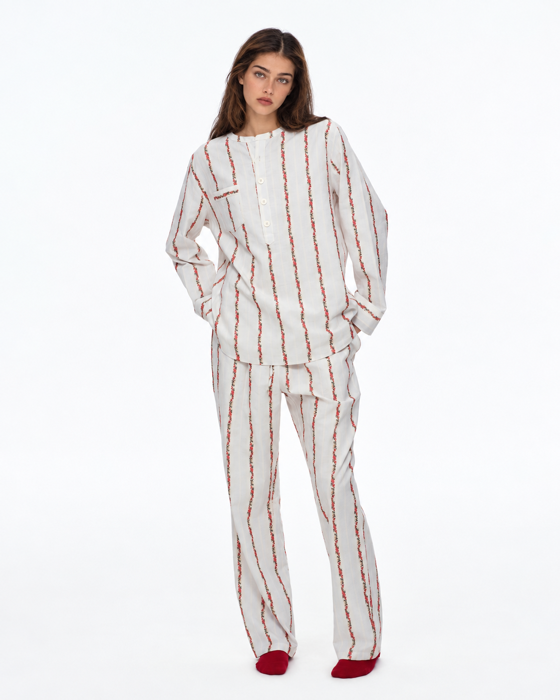 Roseledger cream cotton long pajama set with red floral stripes, front view - Roomden