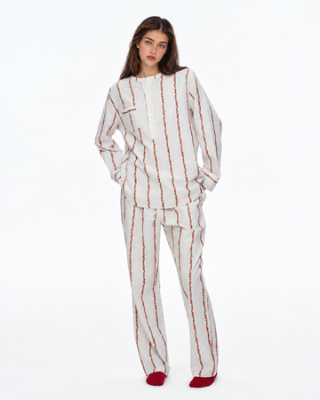 Roseledger Rose-Stripe Cotton Long Pajama Set