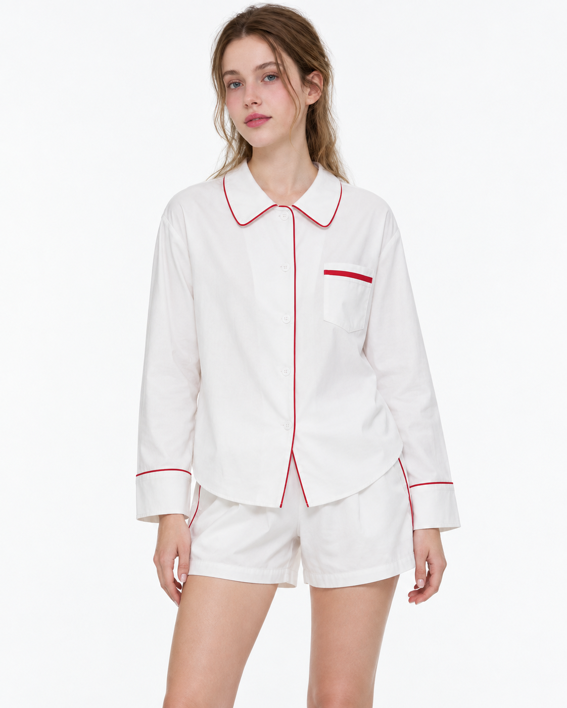 Linehaven white contrast-piped pajama shorts set, front three-quarter-length crop with arms relaxed against a white studio background - Roomden