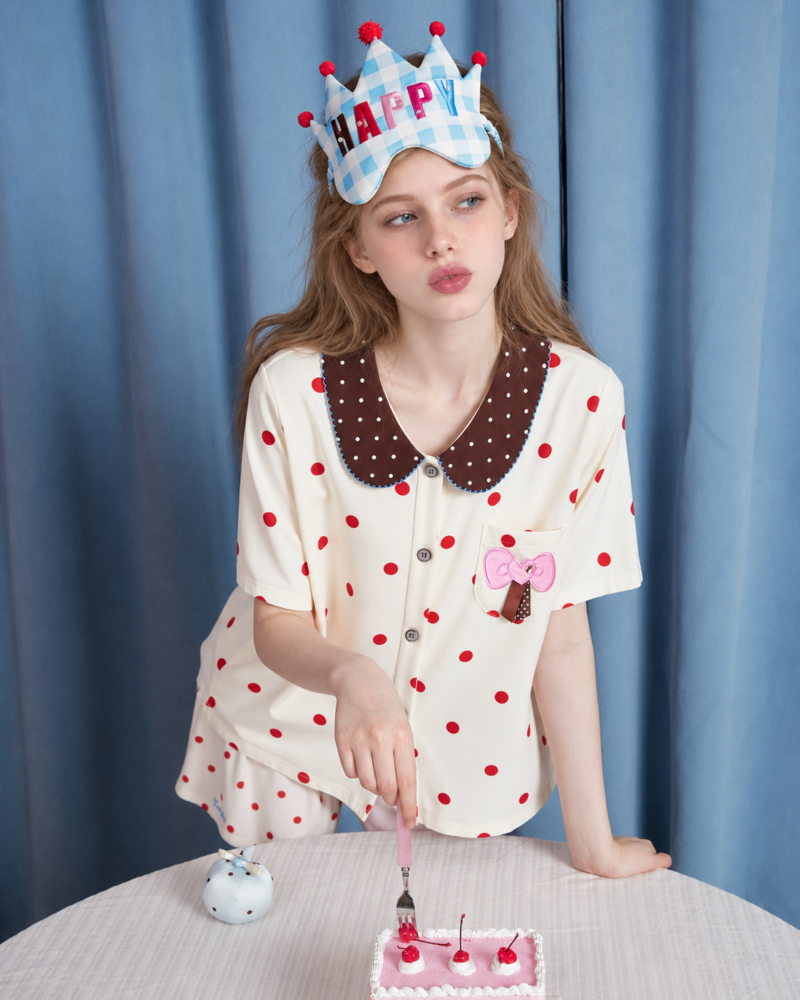 Polka Dot Cotton Blend Pajama Set – birthday table scene with the pink bow pocket and dotted collar - Roomden