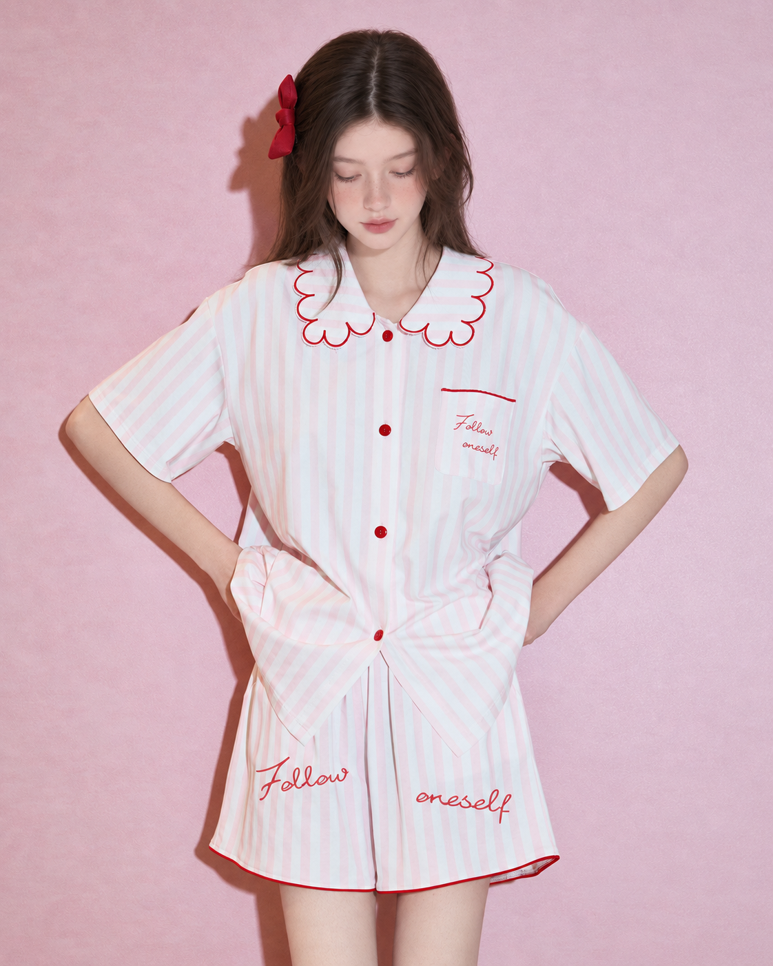 Scalloped collar striped cotton pajama set – pink and white, front standing view - Roomden