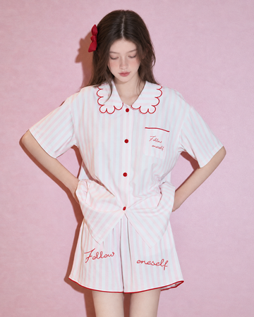 Scalloped Collar Striped Cotton Pajama Set