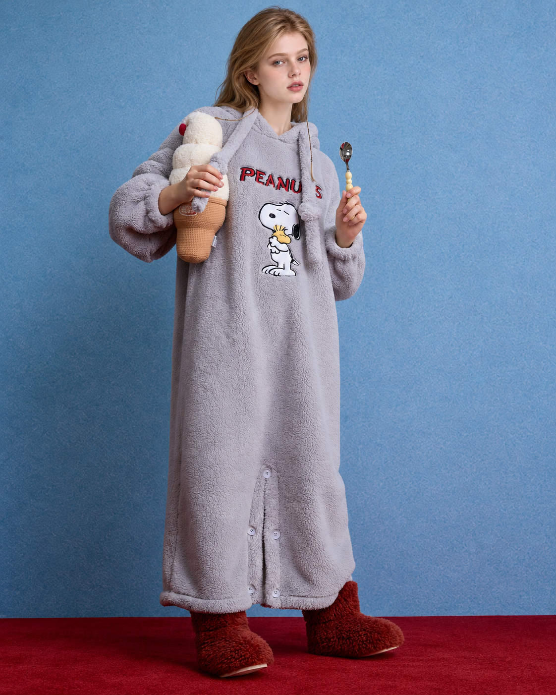 Snoopy hooded fleece one-piece pajamas – light gray full-length view with spoon and ice-cream props - Roomden