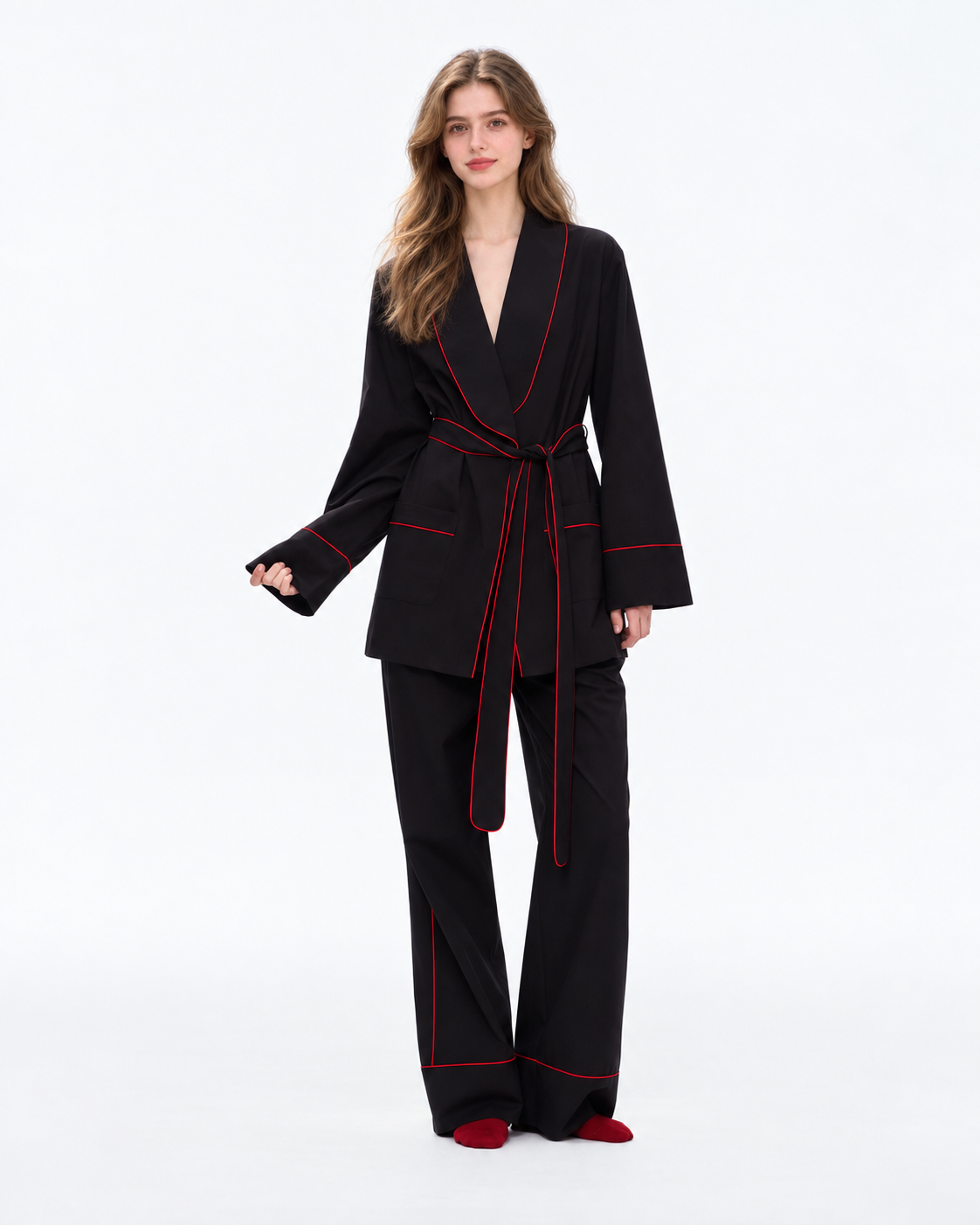 Linehaven wrap pajama set – Classic Black, front standing view in the studio - Roomden