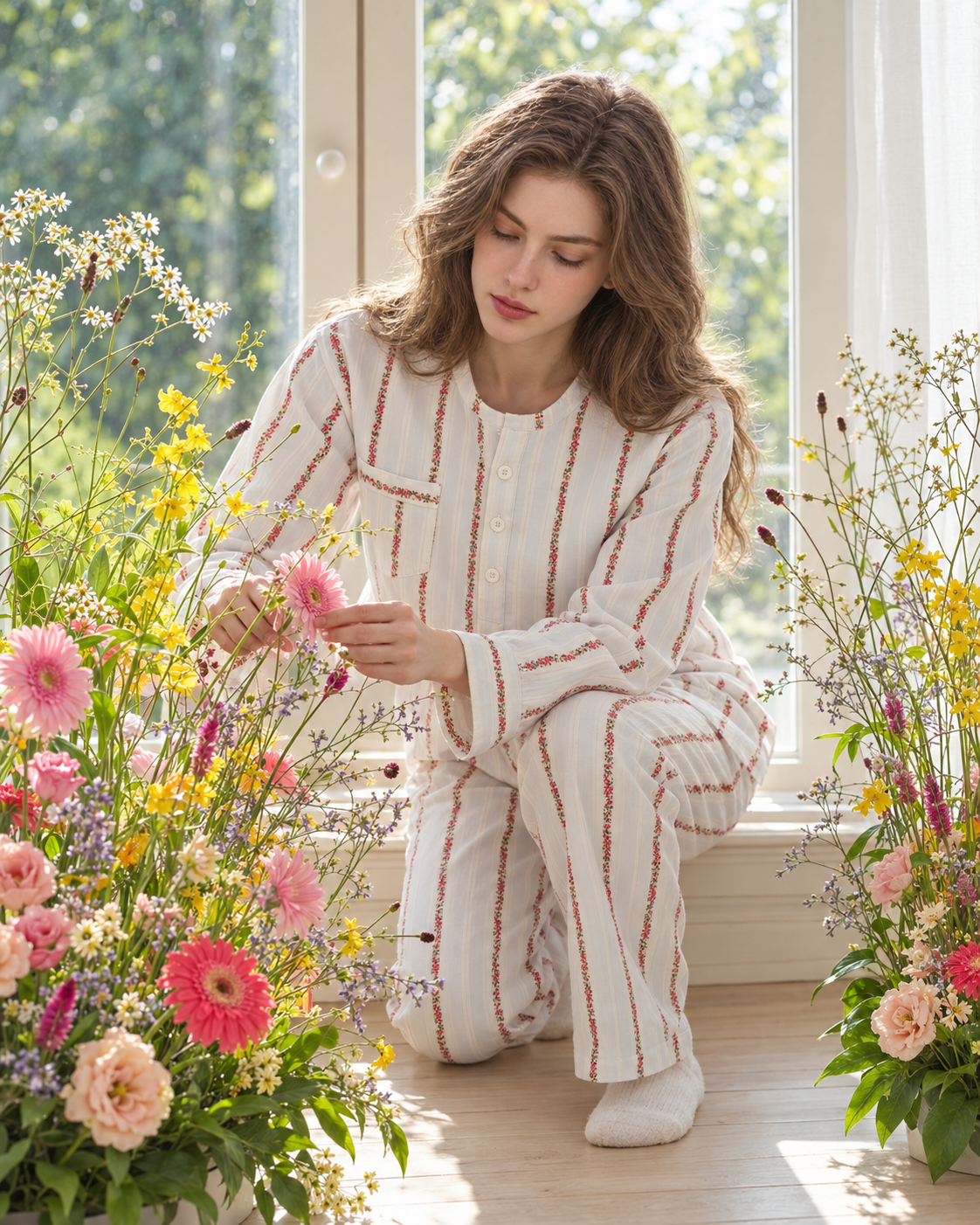 Roseledger cotton long pajama set, leaning forward to arrange flowers - Roomden