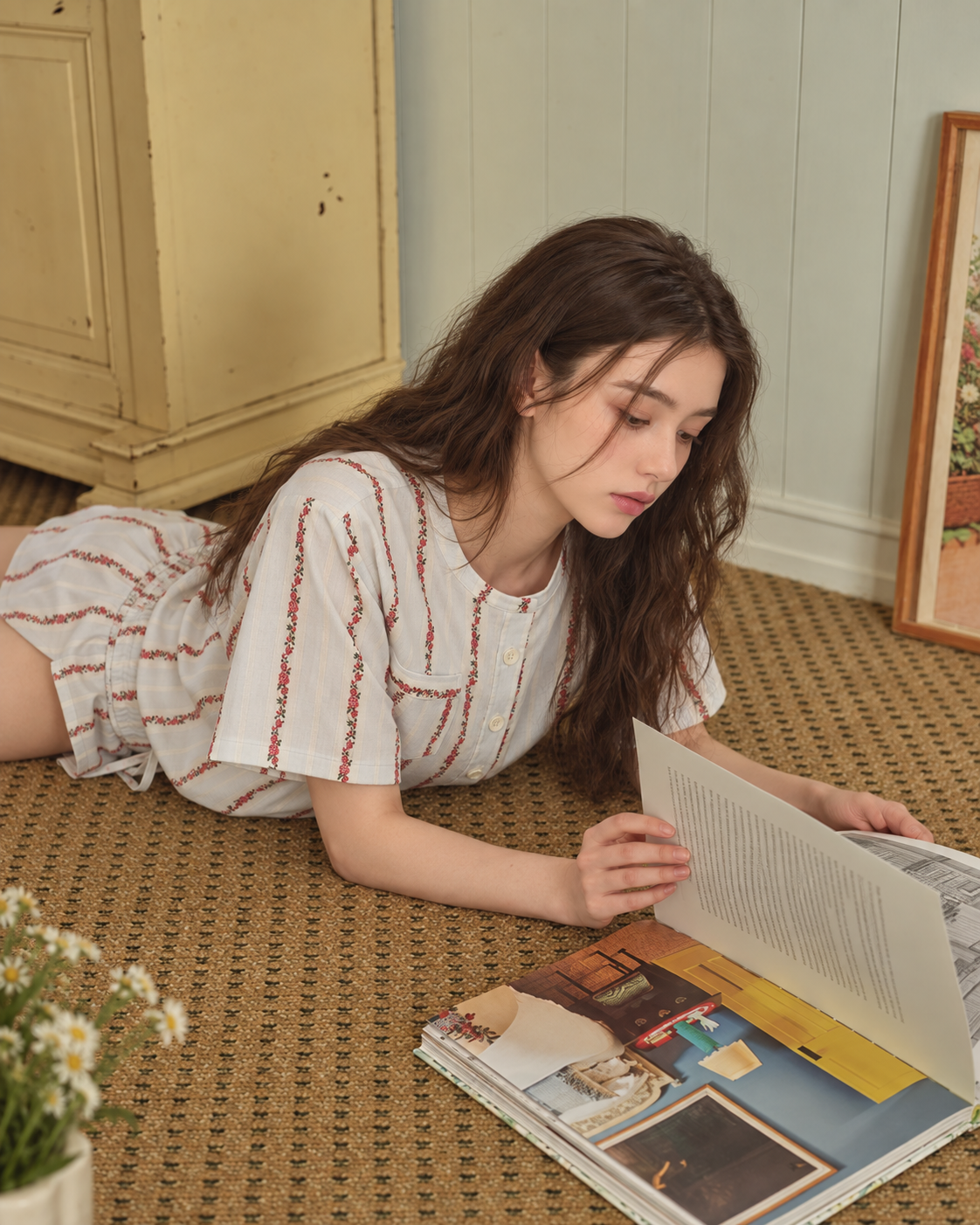 Roseledger cream rose-stripe pajama shorts set, reading on a carpet - Roomden
