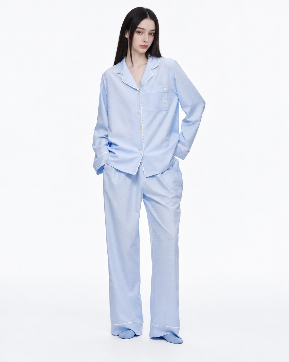Picot-Trim Textured Long-Sleeve Pajama Set – blue on-model view - Roomden