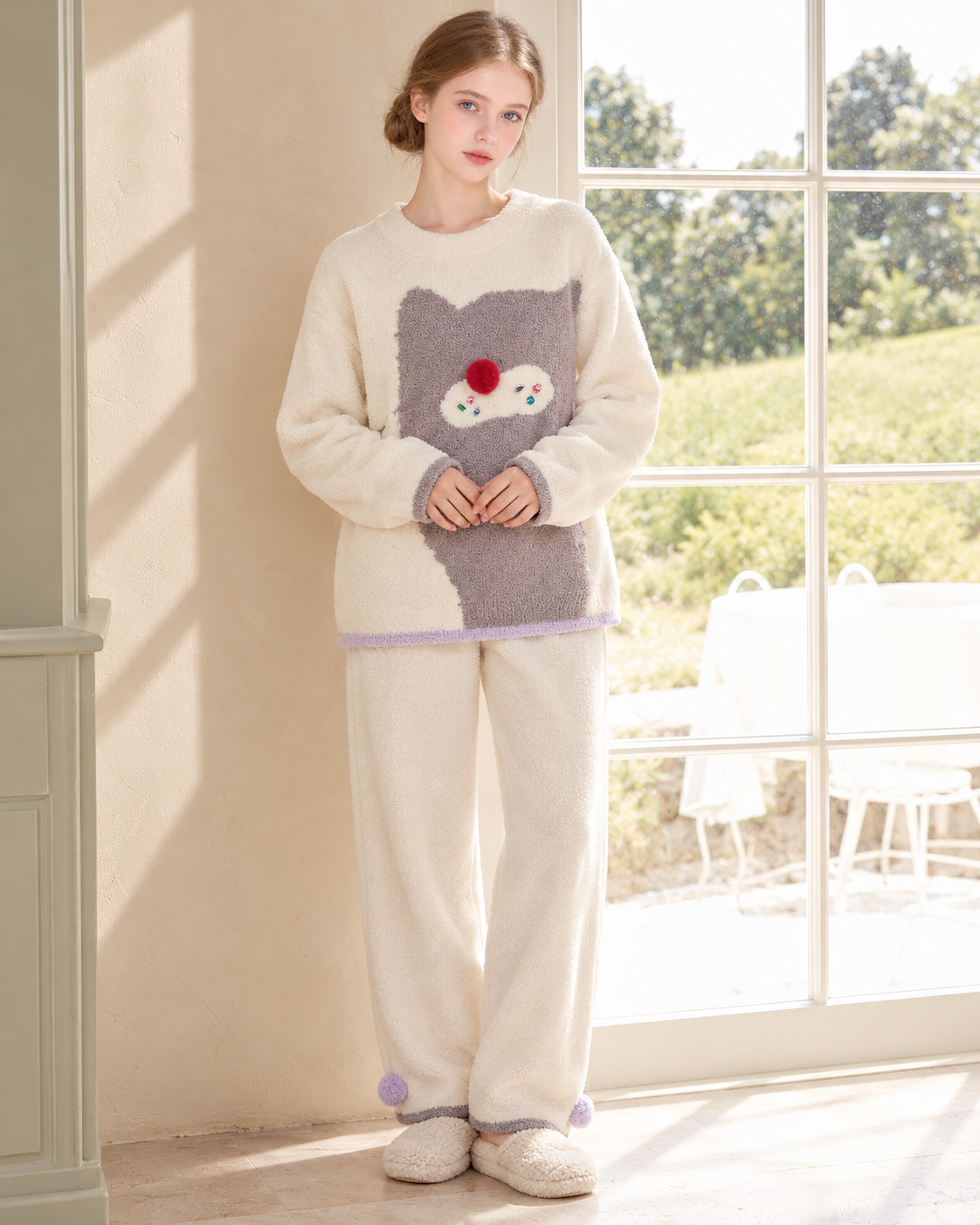 Ivory cat graphic pajama set – full-length window-side pose with hands in front - Roomden