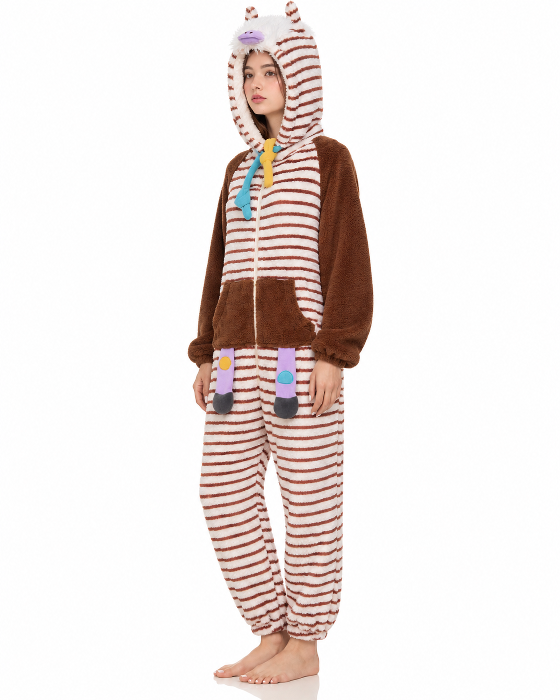 Striped Horse-Hood Onesie – brown and white front quarter view - Roomden