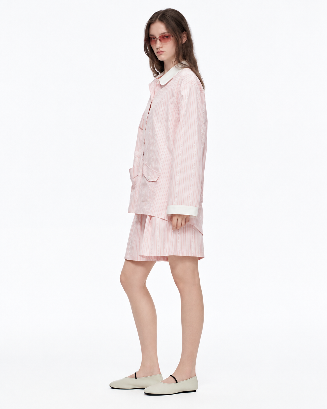 Ribbonhour White-Collar Striped Cotton-Blend Pajama Shorts Set – pink on-model view - Roomden