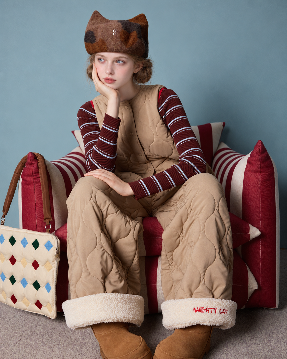Cat Pocket One-Piece Pajamas – front seated view with embroidered cuffs - Roomden