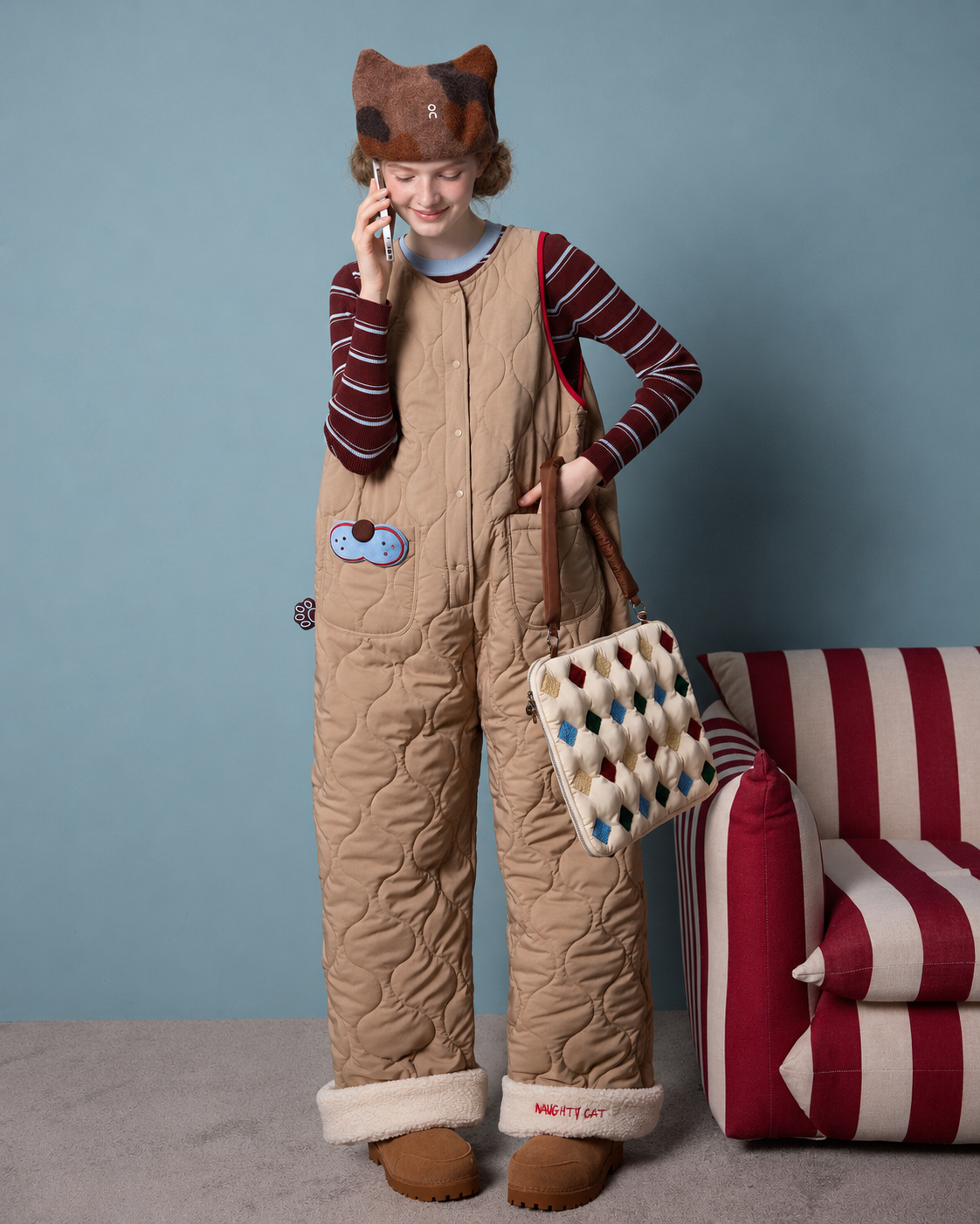 Cat Pocket One-Piece Pajamas – front standing view in khaki - Roomden