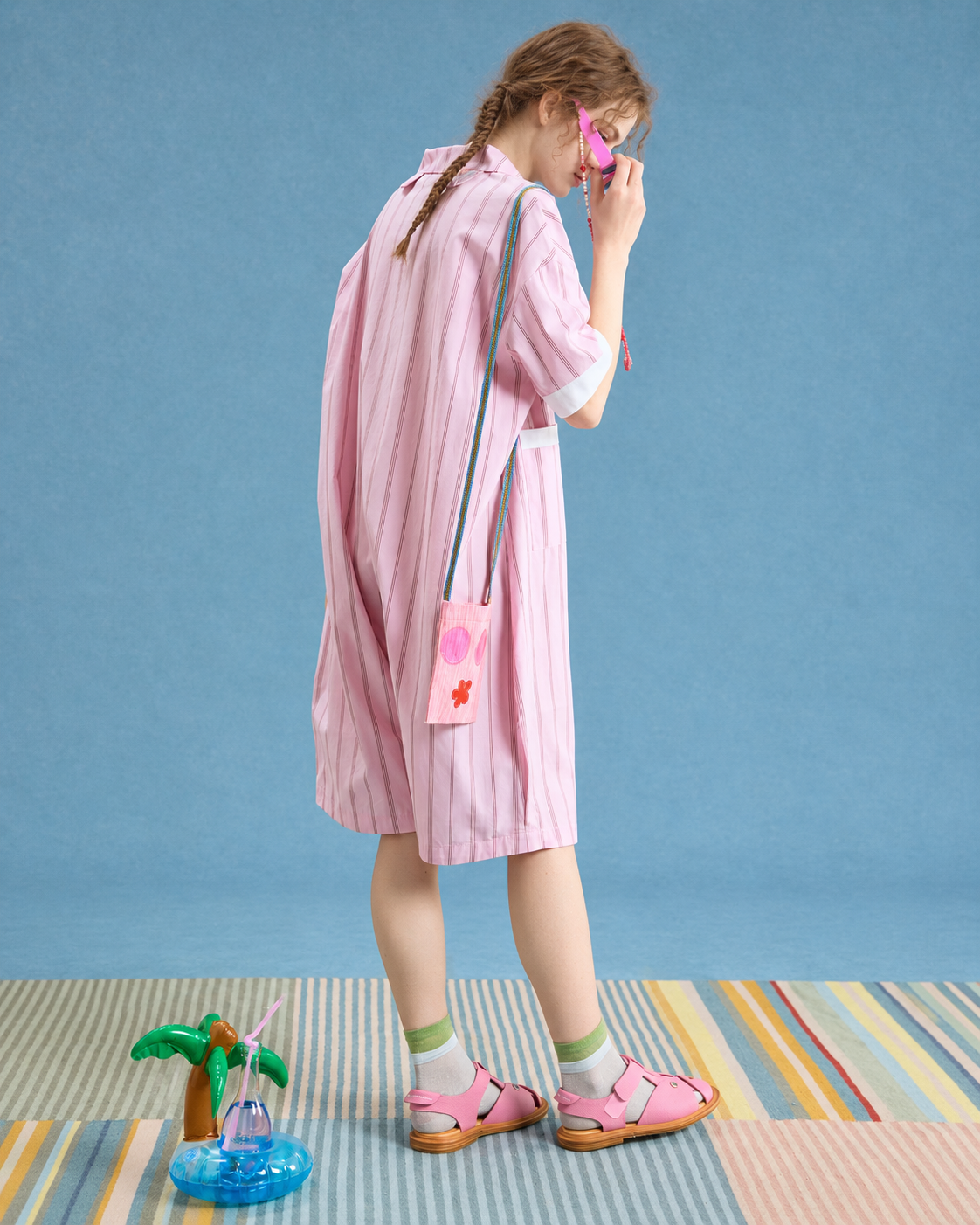 Striped cotton one-piece pajamas – pink full rear view with short sleeves - Roomden