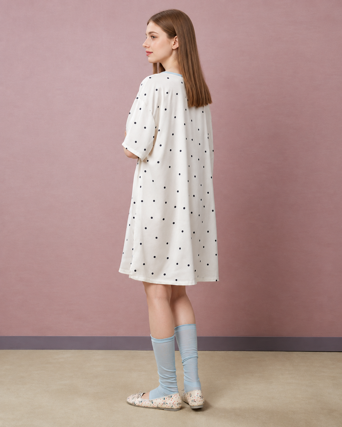 Blue Bow Polka Dot Nightgown – ivory back view against a pink wall - Roomden
