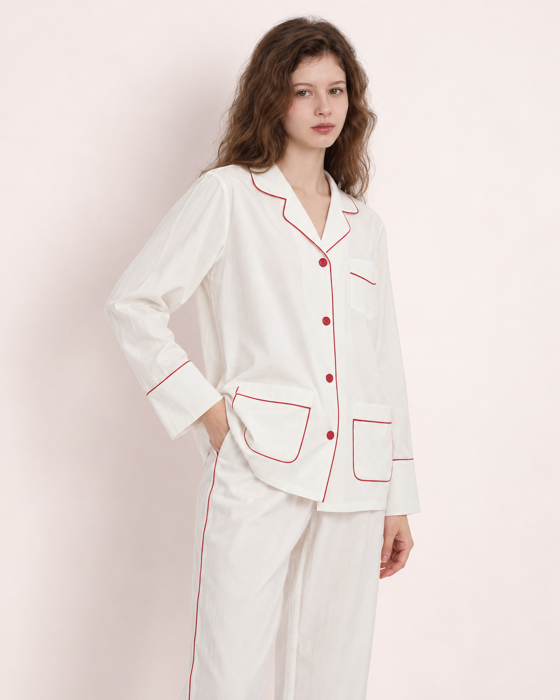Linehaven contrast-piped long pajama set in white, additional studio portrait - Roomden