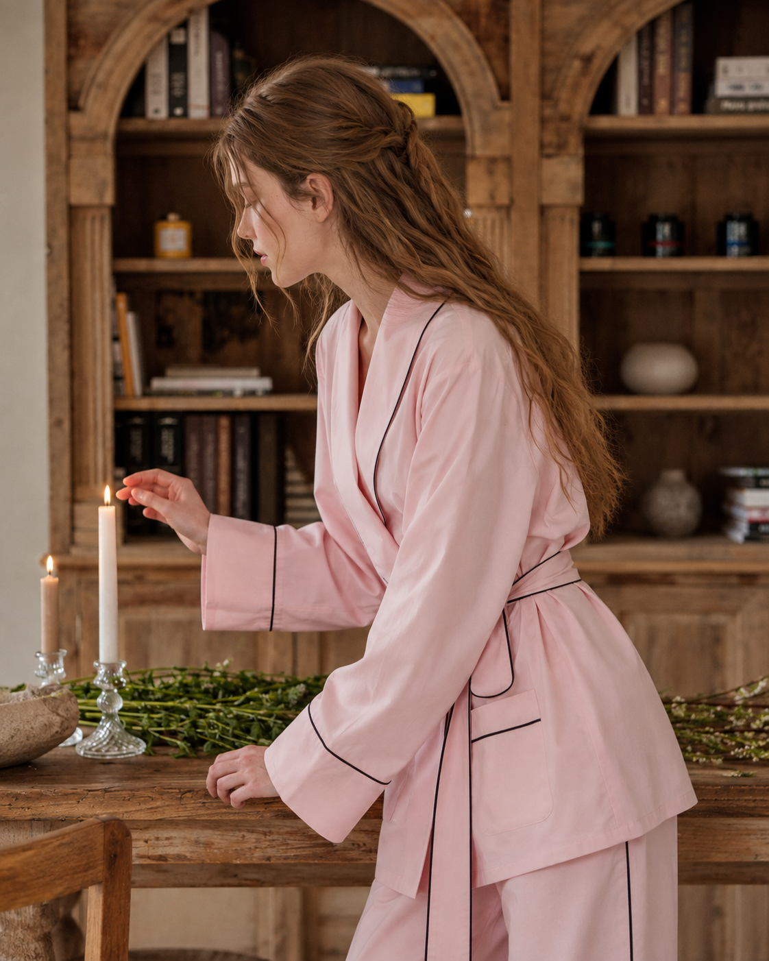 Linehaven wrap pajama set – Sakura Pink, side view beside a candlelit table - Roomden