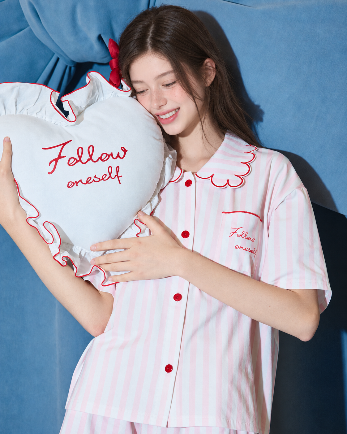 Scalloped collar striped cotton pajama set – pink and white, collar and pocket with cushion - Roomden