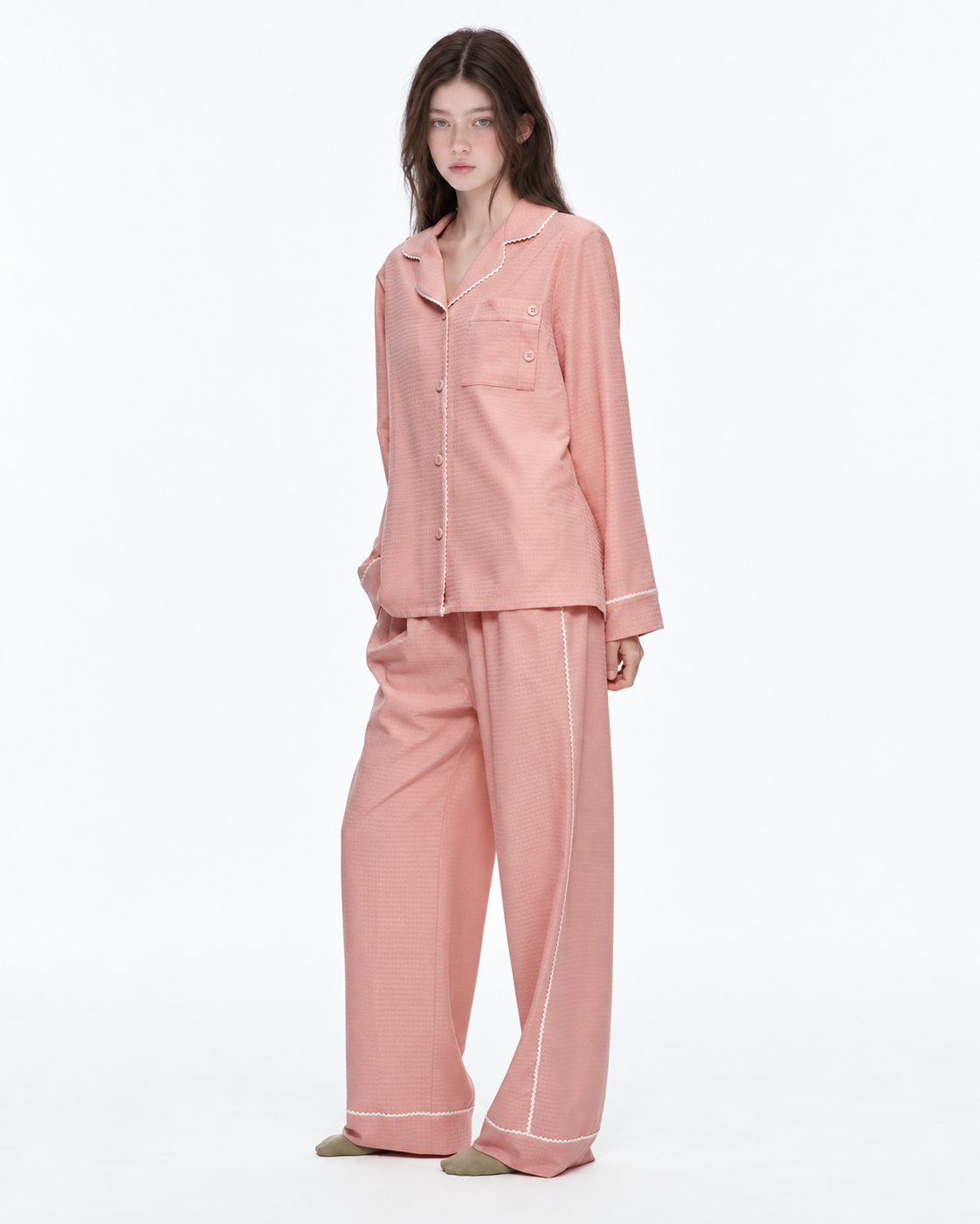 Picot-Trim Textured Long-Sleeve Pajama Set – pink on-model view - Roomden